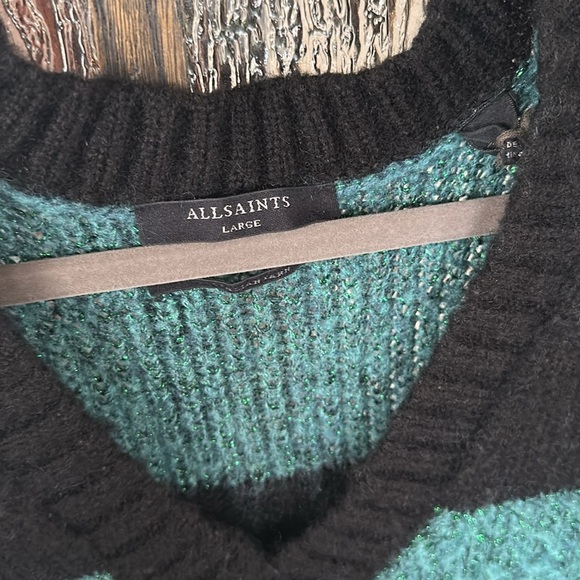 ALL SAINTS Lou Sparkle V Neck Knitted Sweater Black Blue Stripe large - Picture 6 of 9